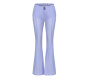 Meng Mid Rise Flare Pants, MID-RISE - WIDE-LEG - FULL LENGTH, Stretch Knit Fabric and Lining, Brocade Knot Button Center Front, lavender, front