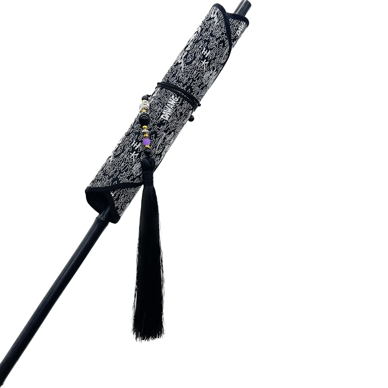 Huan Brocade Foldable Fan, Bamboo Handle, Black String, Tassel, Logo Engraved on Handle, overview, form2