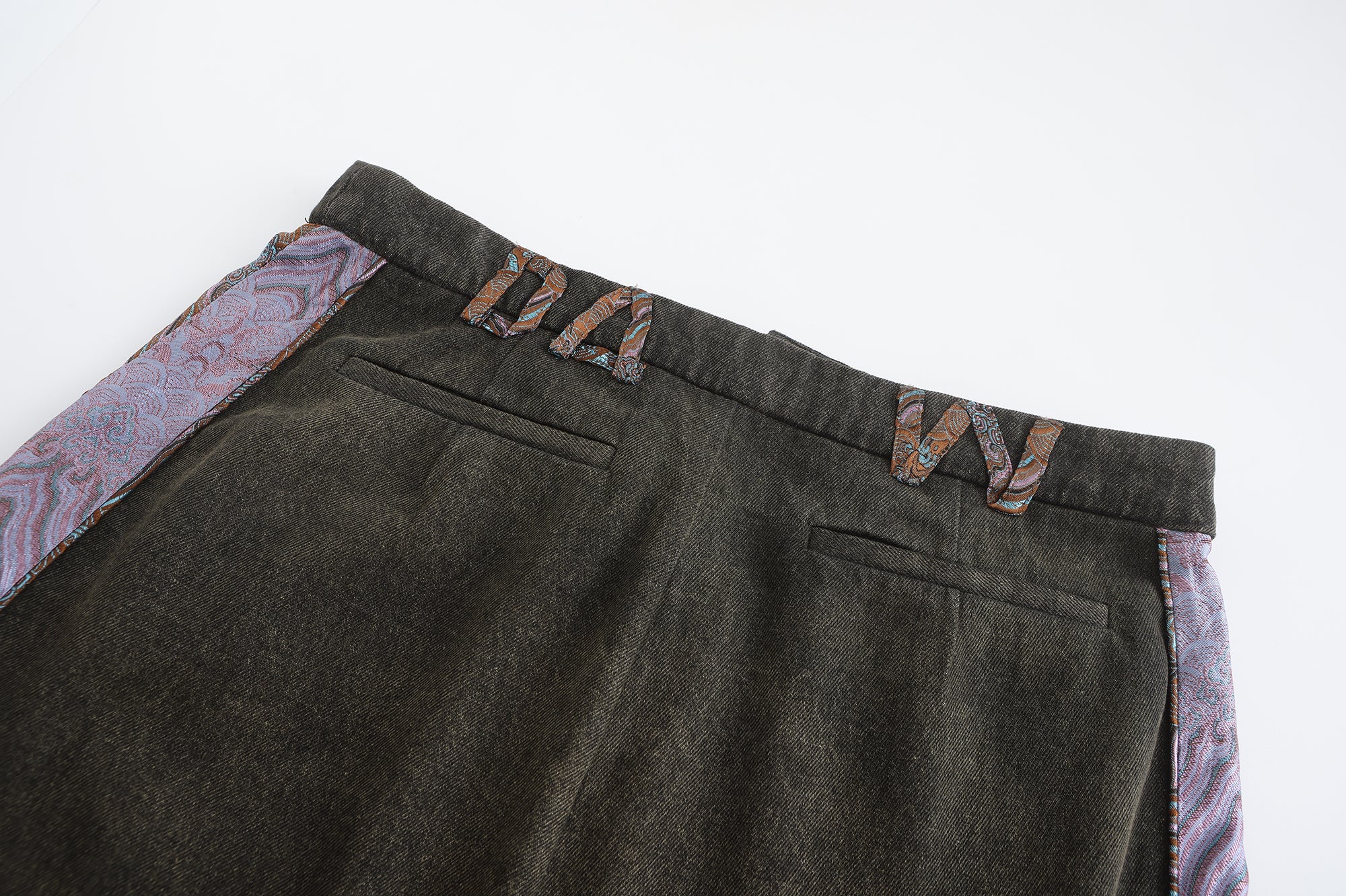 Mid/Low Waist Fit, Denim Brocade Patch on sides, DA W- Brocade&nbsp;Embroidered Patch Belt Loops, up-cycled renewal, denim, back, close up