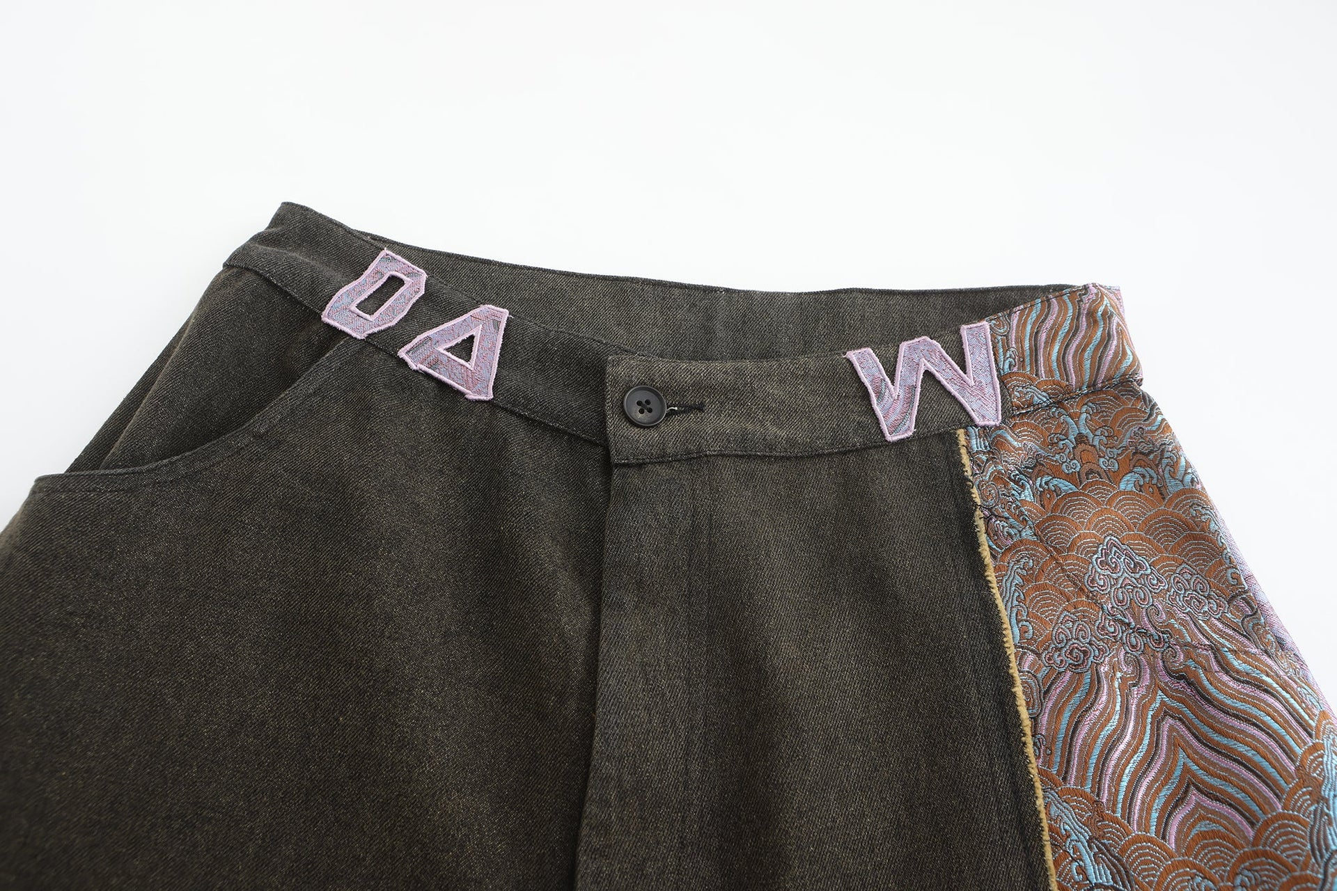 Mid/Low Waist Fit, DA W- Brocade Embroidered Patch Belt Loops, Denim Brocade Patch, up-cycled, renewal, Bleach Dye/Painting, front belt, close up