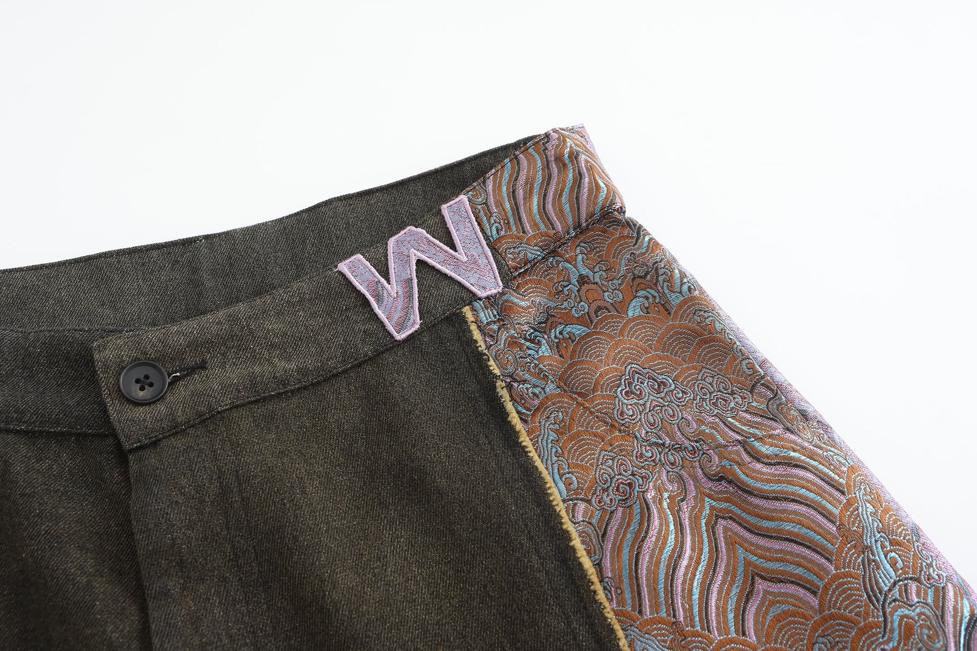 Mid/Low Waist Fit, DA W- Brocade Embroidered Patch Belt Loops, Denim Brocade Patch, up-cycled, renewal, Bleach Dye/Painting, left-side close up