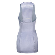 Hua Sleeveless Brocade Mini Dress, Open Collar, Single Slit with Knot Button, Logo Embroidery Back, periwinkle, back