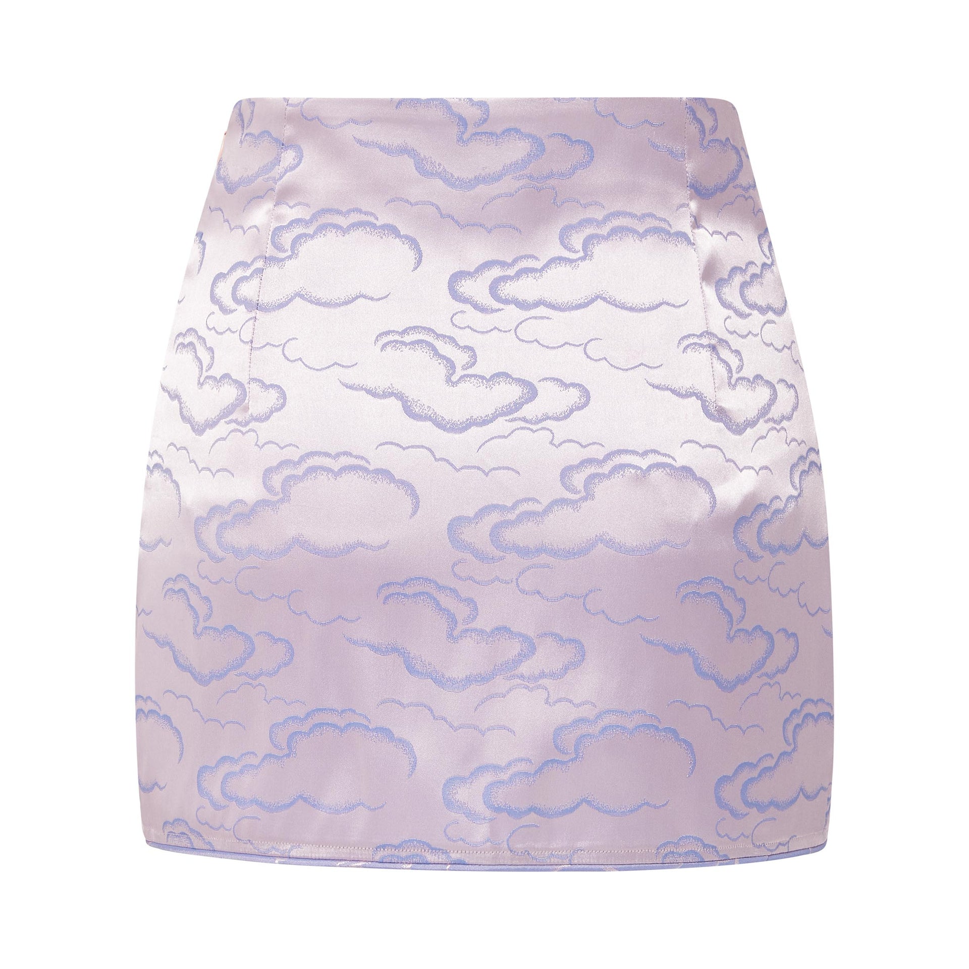 Mei Double Slit Mini Skirt, High Waist Fit, Piping, Silk Brocade, Lavender, back